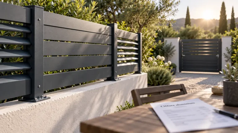 Clôture jardin aluminium anthracite pour préserver l’intimité, lames pleines et persiennes contre le vent