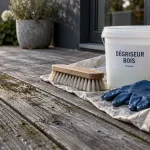 Dégriseur bois fait maison : terrasse grisée ravivée au percarbonate