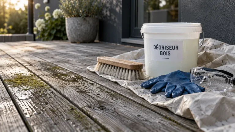 Dégriseur bois fait maison : terrasse grisée ravivée au percarbonate