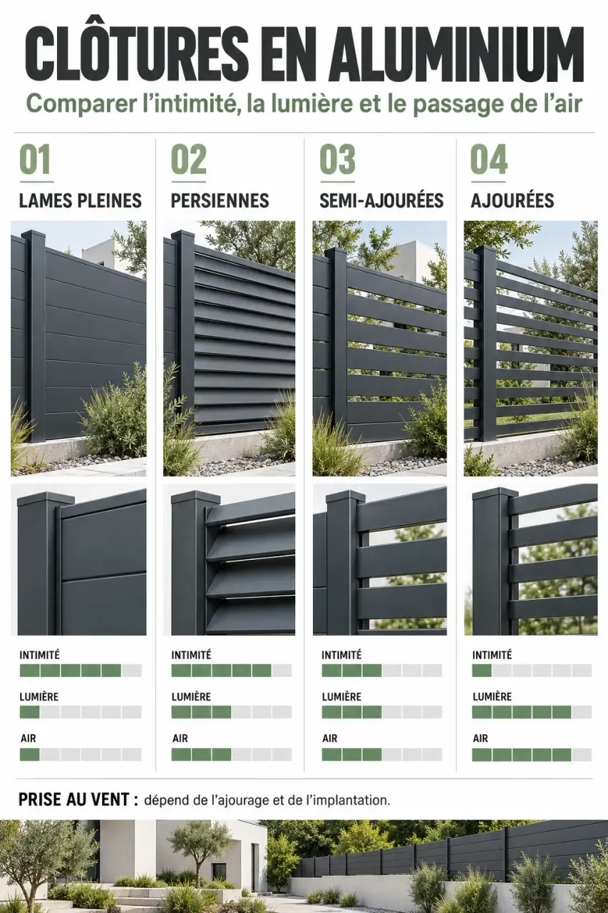 Comparaison des styles de clôture de jardin aluminium selon l’intimité, la lumière et le vent