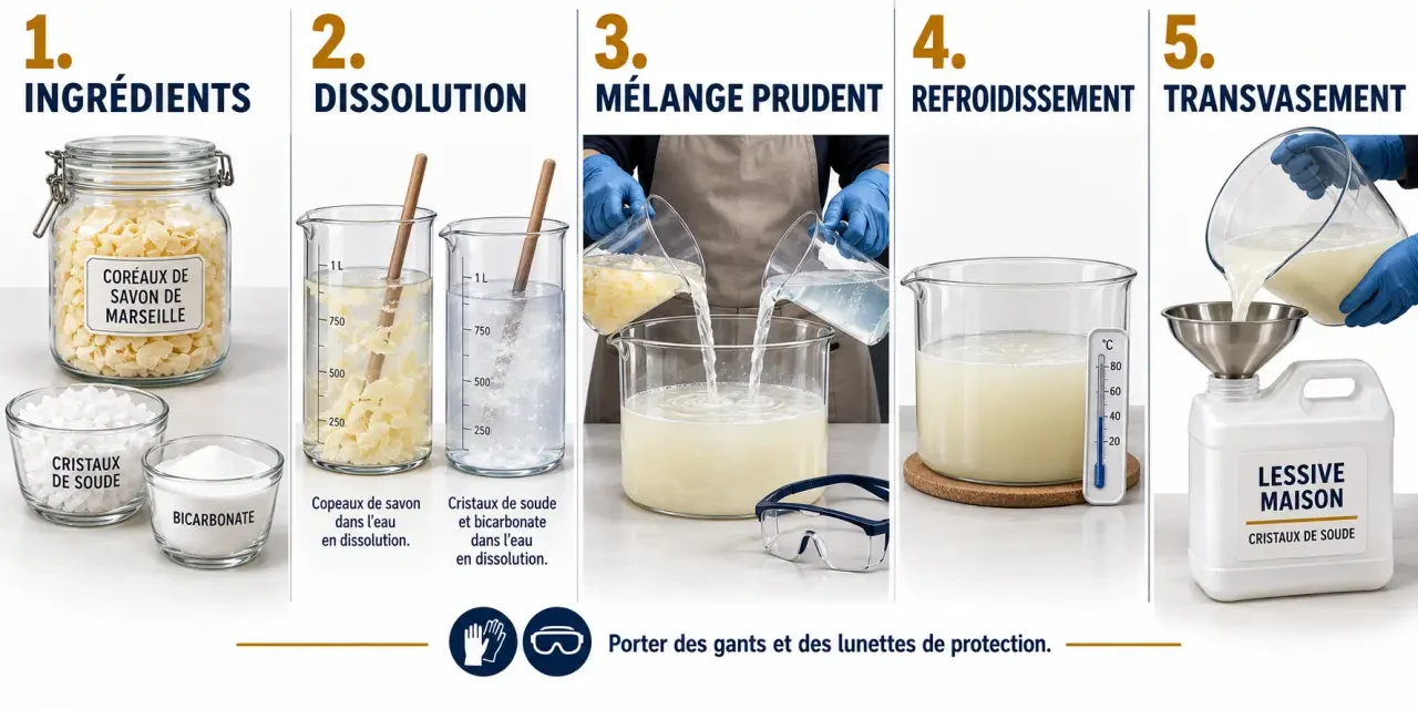Préparation d’une lessive maison cristaux de soude avec savon de Marseille et bidon étiqueté