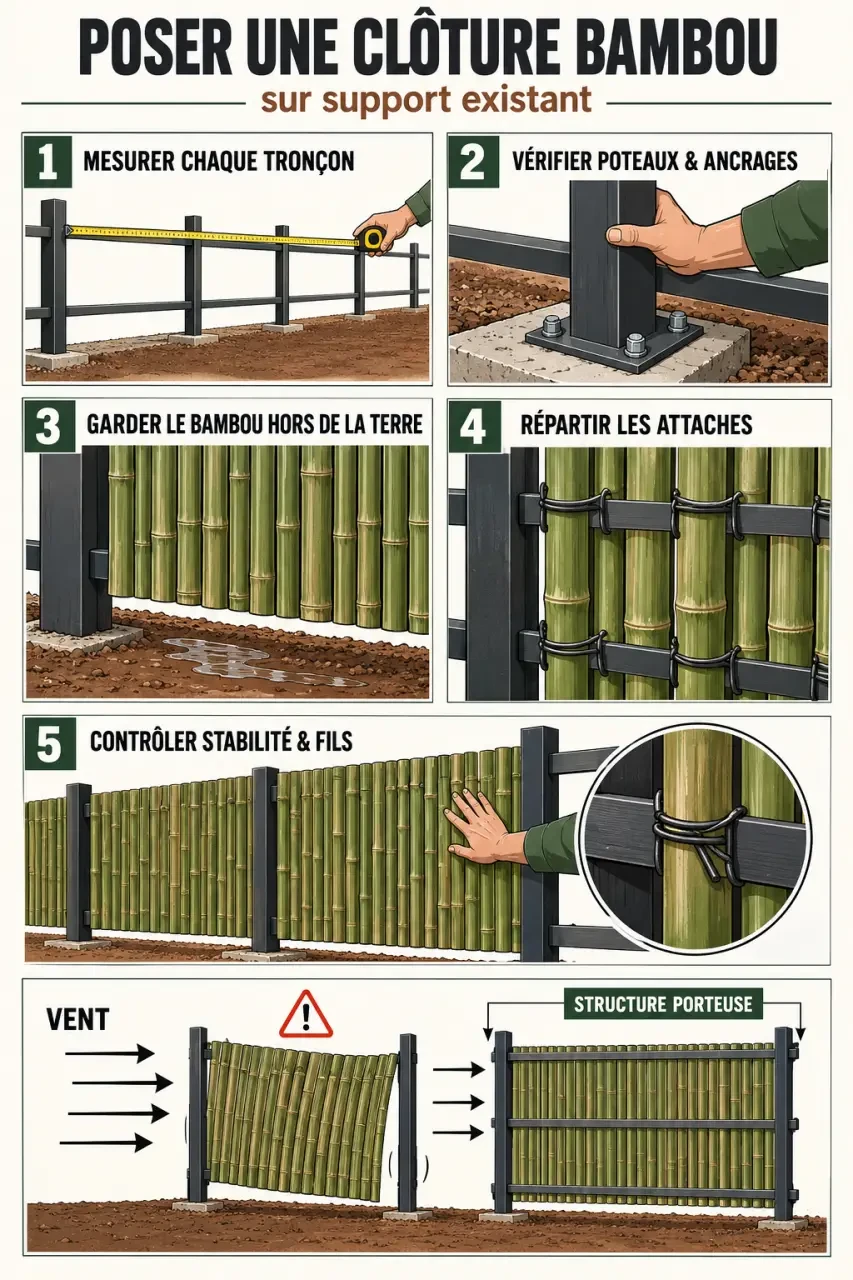 Étapes illustrées pour poser une clôture bambou jardin et renforcer ses fixations