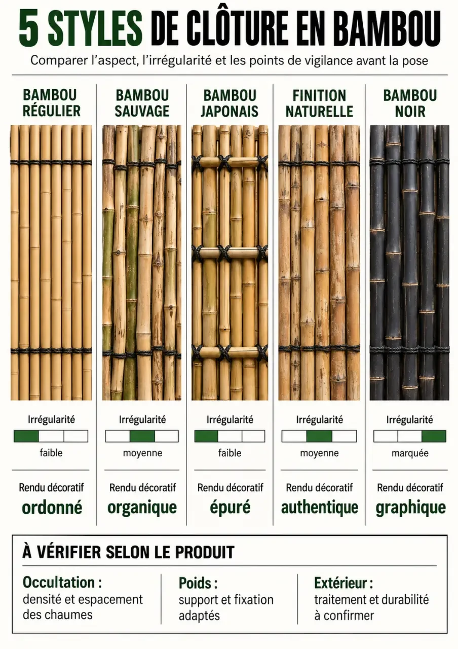 Infographie des styles de clôture bambou jardin régulière sauvage japonaise naturelle et noire
