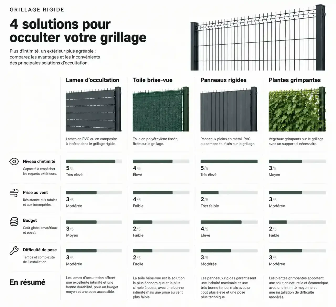 Comparatif visuel des solutions pour occulter un grillage rigide selon l'intimité, la prise au vent, le budget et la pose
