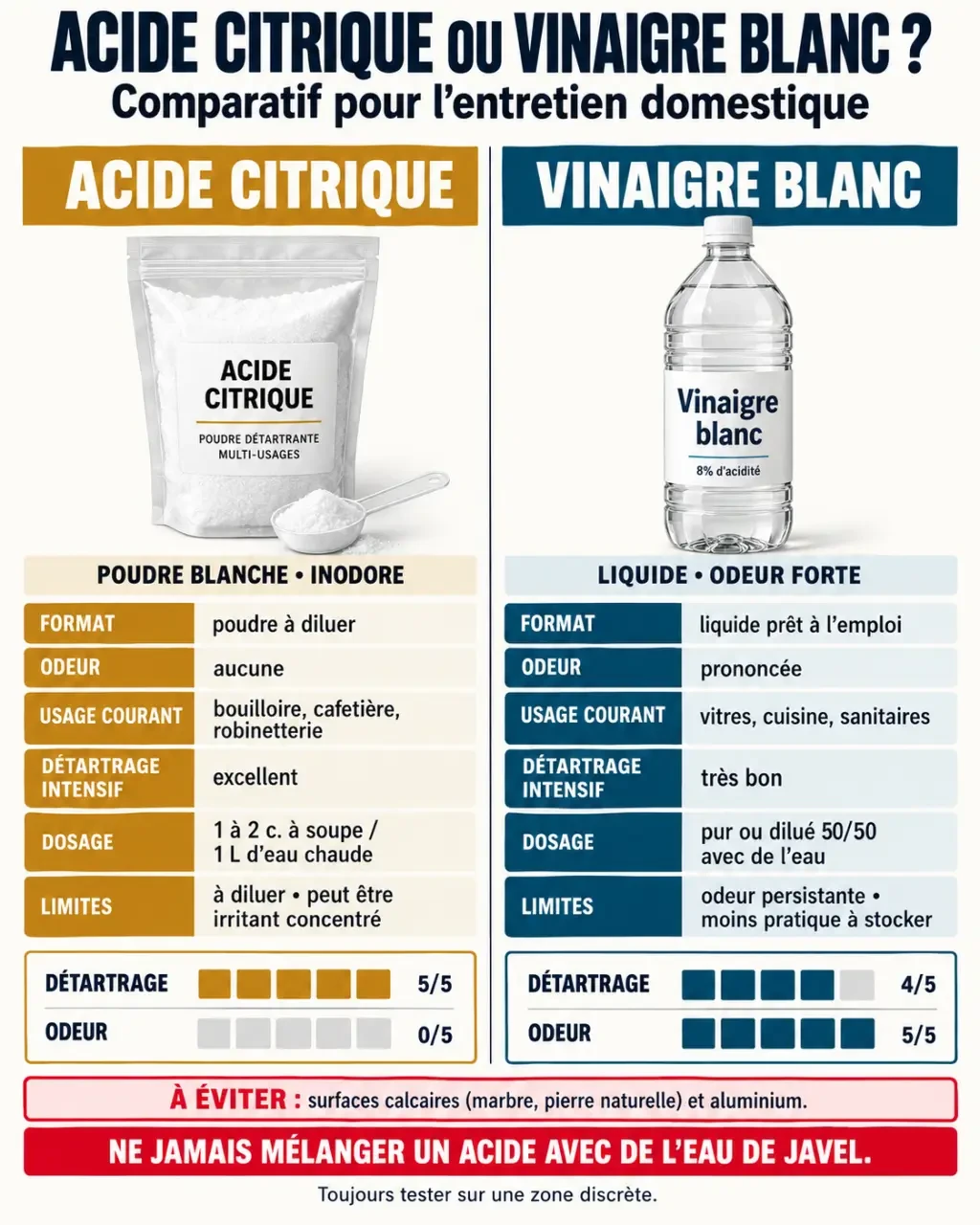 Infographie comparative acide citrique vinaigre blanc pour le détartrage et l’entretien de la maison