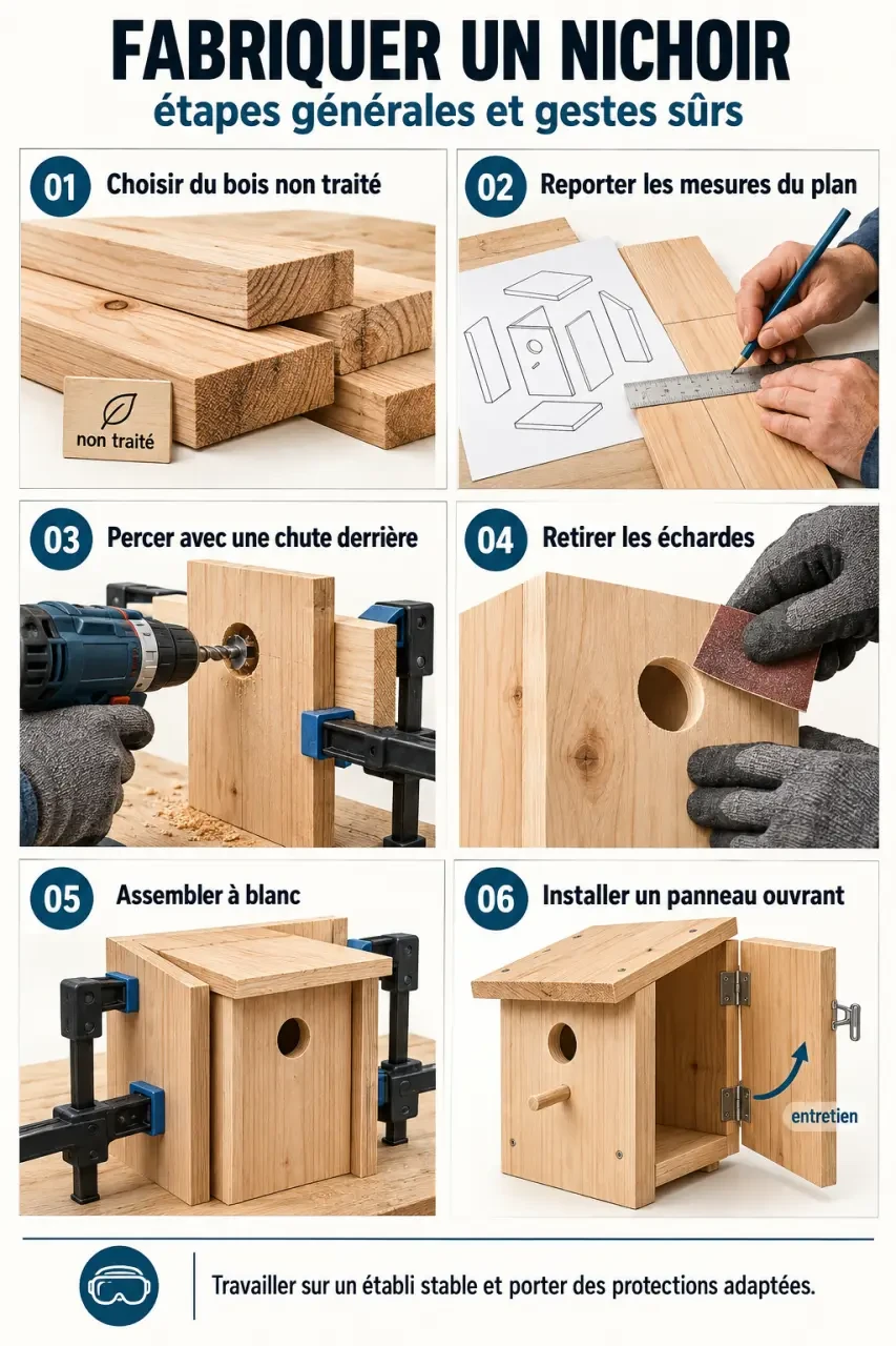 14 nichoirs et abris à fabriquer pdf : étapes générales pour préparer le bois et assembler un nichoir