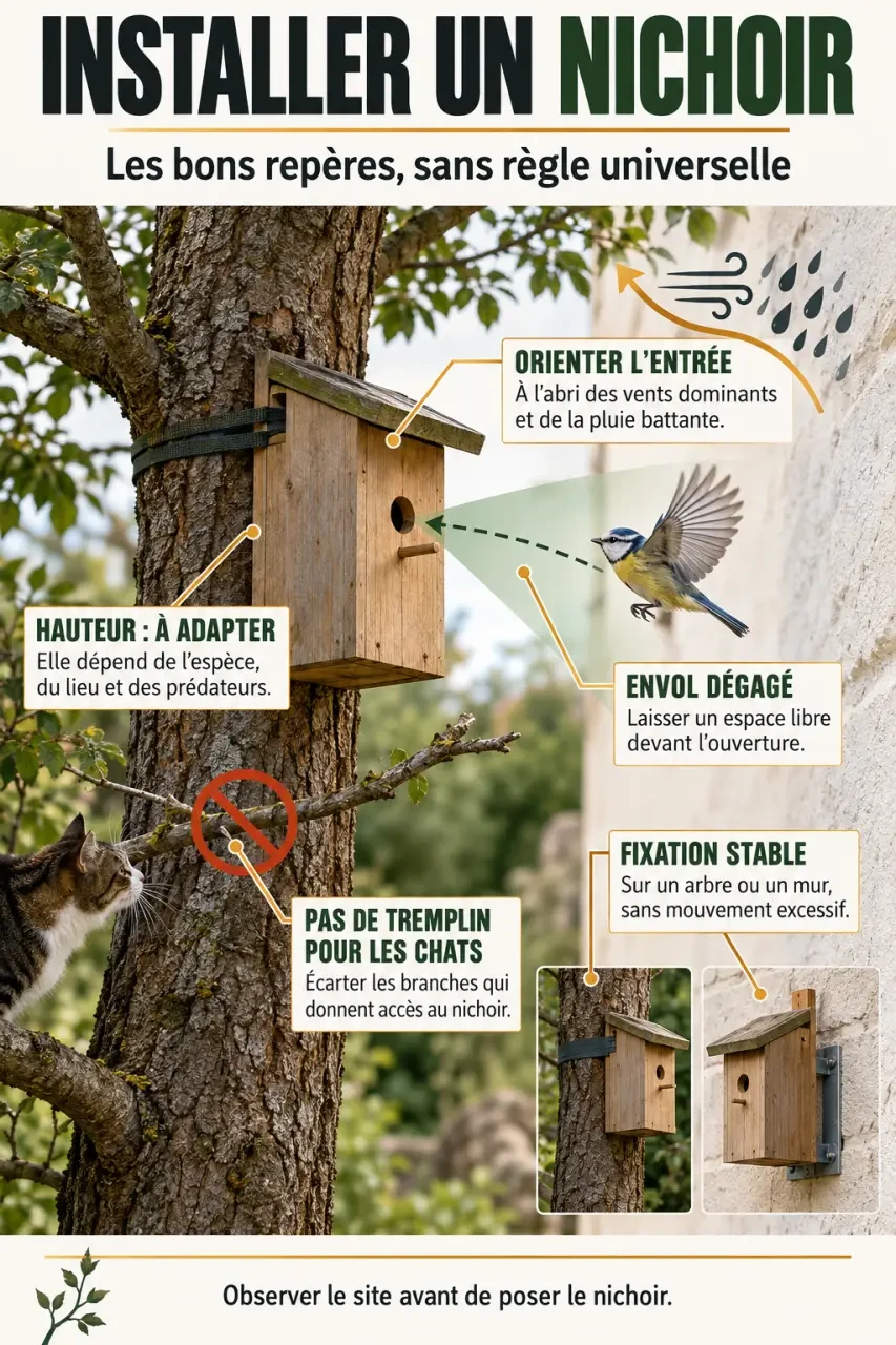 14 nichoirs et abris à fabriquer pdf : infographie sur l’orientation et la pose d’un nichoir