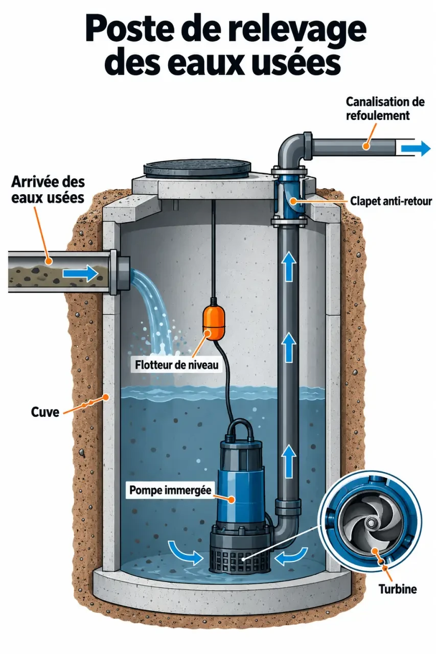 Schéma d’une pompe de relevage avec cuve, flotteur, turbine et clapet anti-retour