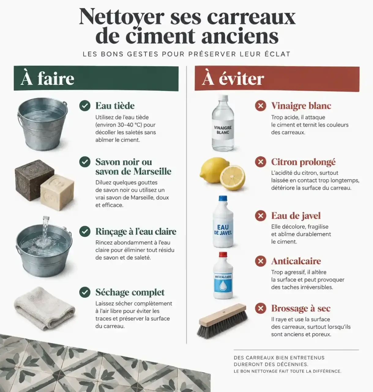 Infographie pour nettoyer des carreaux de ciment anciens : produits à utiliser et produits à éviter
