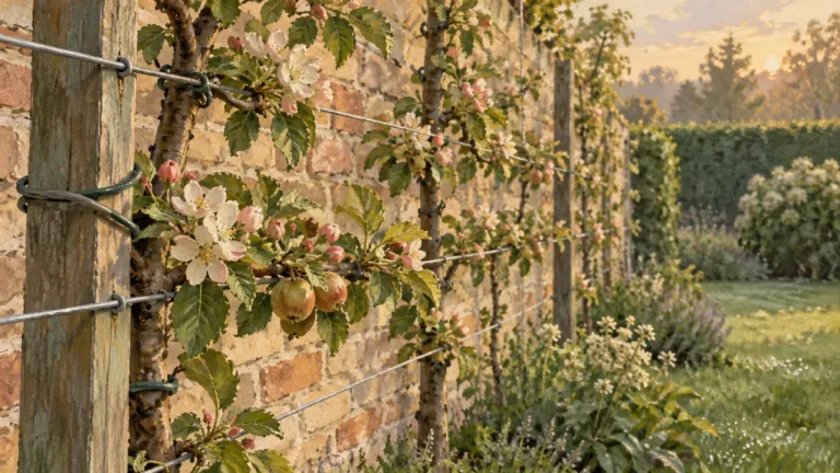 Espaliers arbres fruitiers sur mur en brique, tiges palissées et mini-fruits