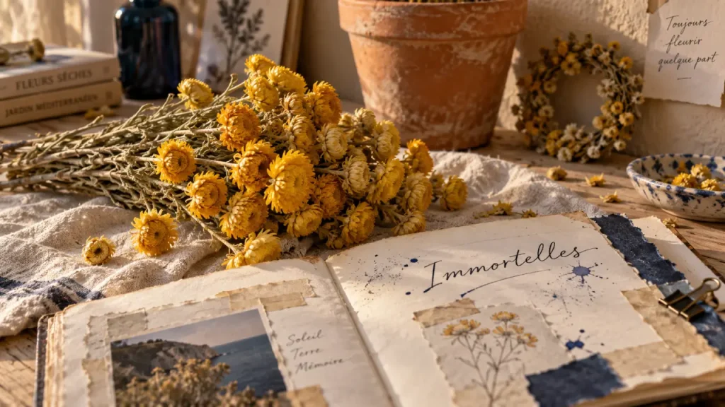 Fleurs immortelles Helichrysum séchées, capitules jaunes, mauvais sol