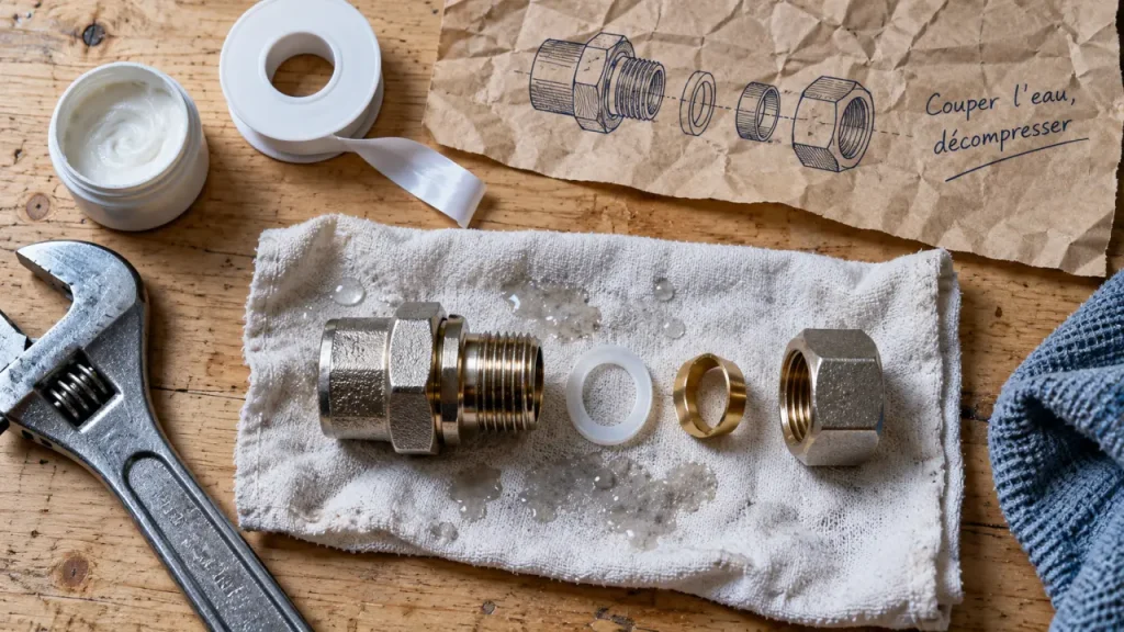 Fuite raccord à visser : PTFE et joint de plomberie visibles