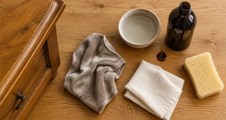 Chiffon essoré pour nettoyer meuble en bois avec savon noir et eau tiède