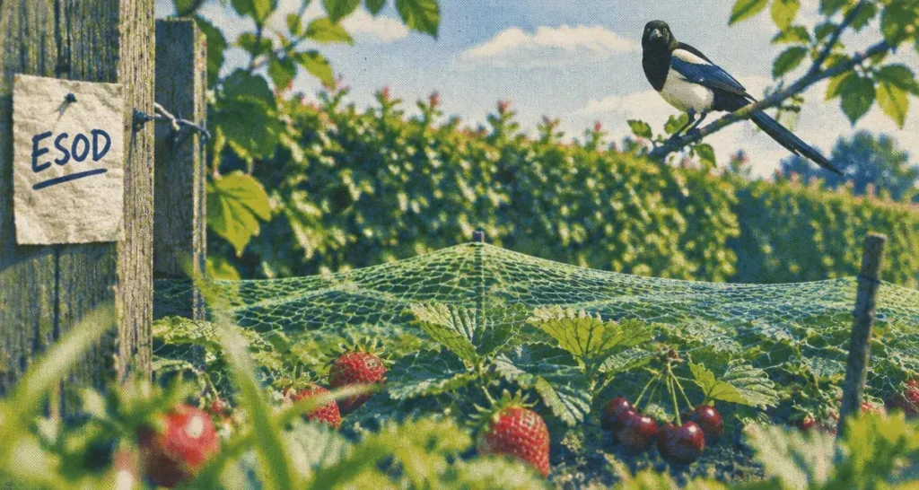 Peut on tuer les pies : une pie bavarde sur une branche, jardin avec filet près des fruits