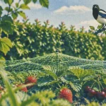 Peut on tuer les pies : une pie bavarde sur une branche, jardin avec filet près des fruits