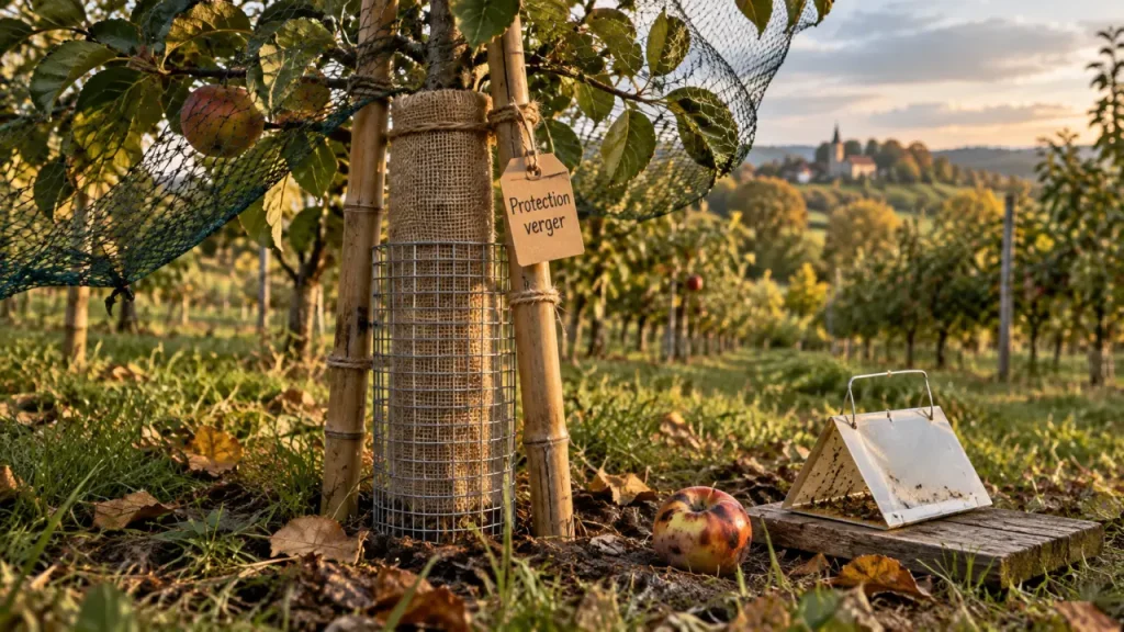 Protections arbres fruitiers : tuteur, toile et manchon grillagé sur jeune arbre