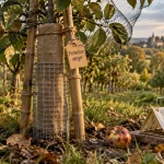 Protections arbres fruitiers : tuteur, toile et manchon grillagé sur jeune arbre