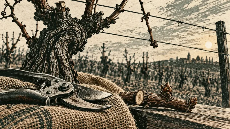 Quand et comment tailler les vignes : sécateur sur cep en hiver