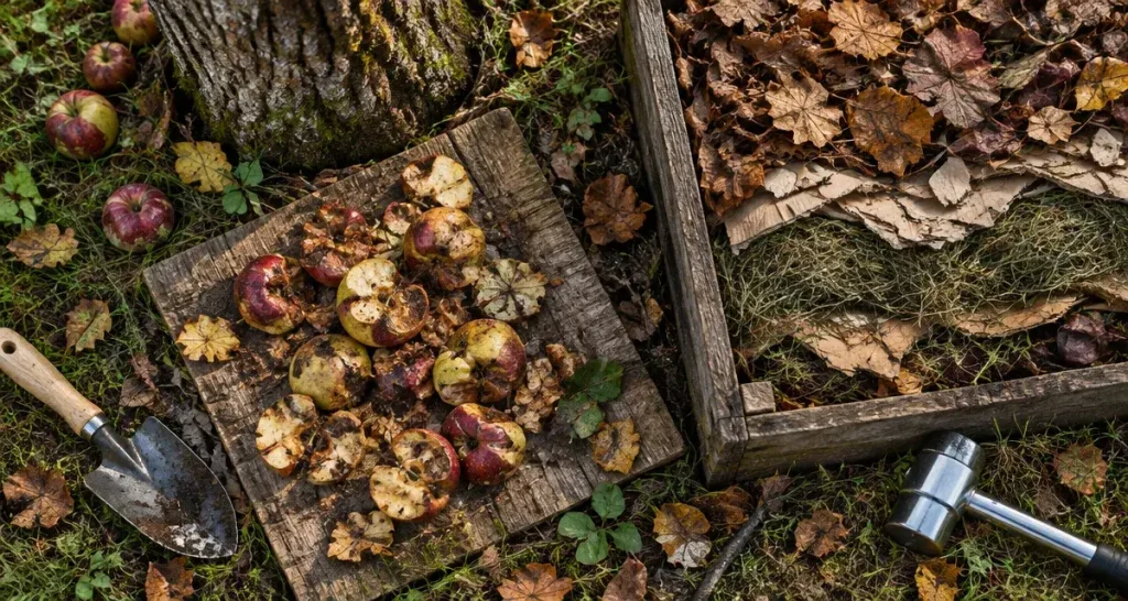 Que faire des pommes pourries au pied des pommiers : bac de compost près d’un pommier