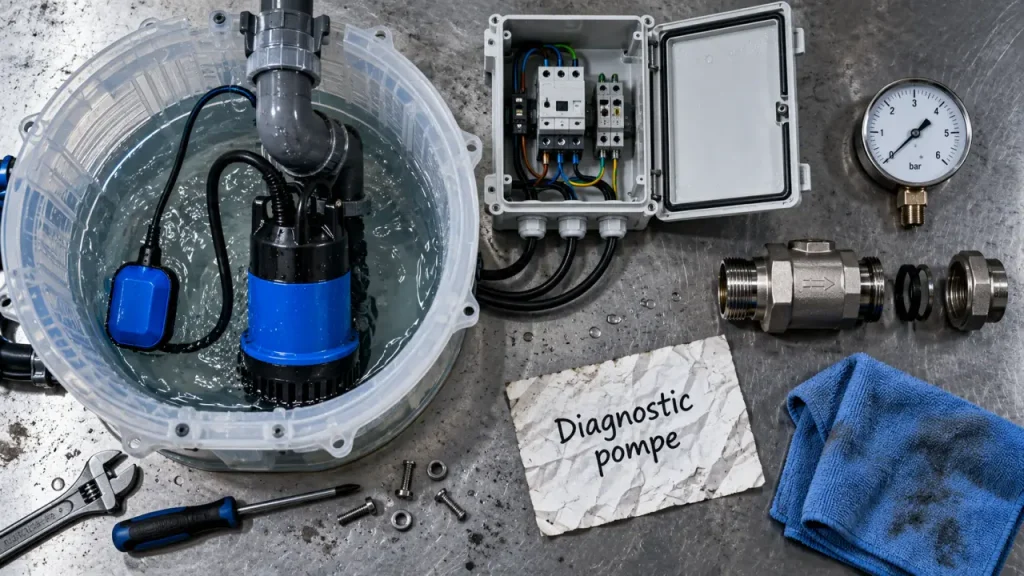 Reparation pompe de relevage : diagnostic avant débordement, pompe et flotteur en réparation